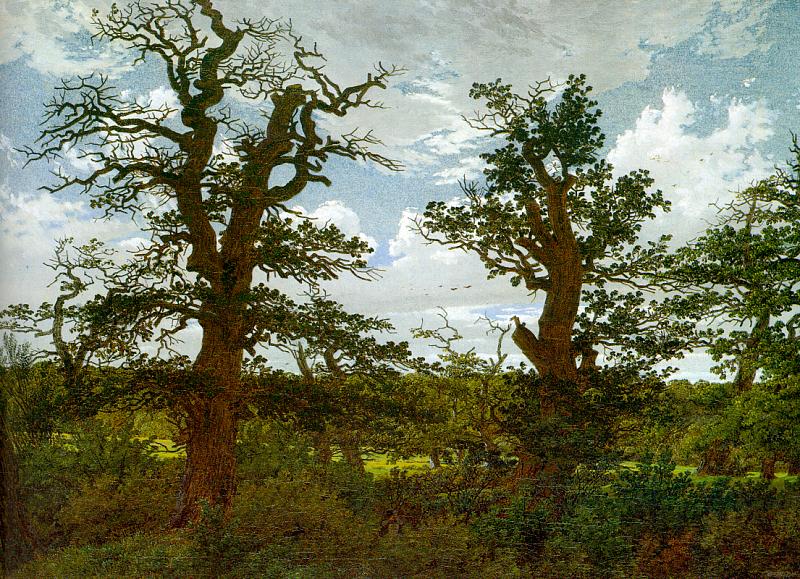 Paisaje con robles y un cazador (1811). Caspar David Friedrich.